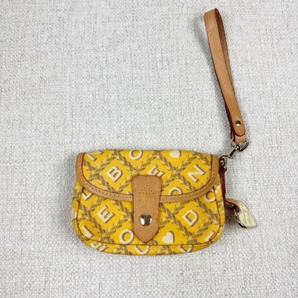 Dooney & Bourke Handbags - Dooney & Bourke 6" Wristlet Yellow/Tan Leather Trim Logo Snap Pouch Wallet Small